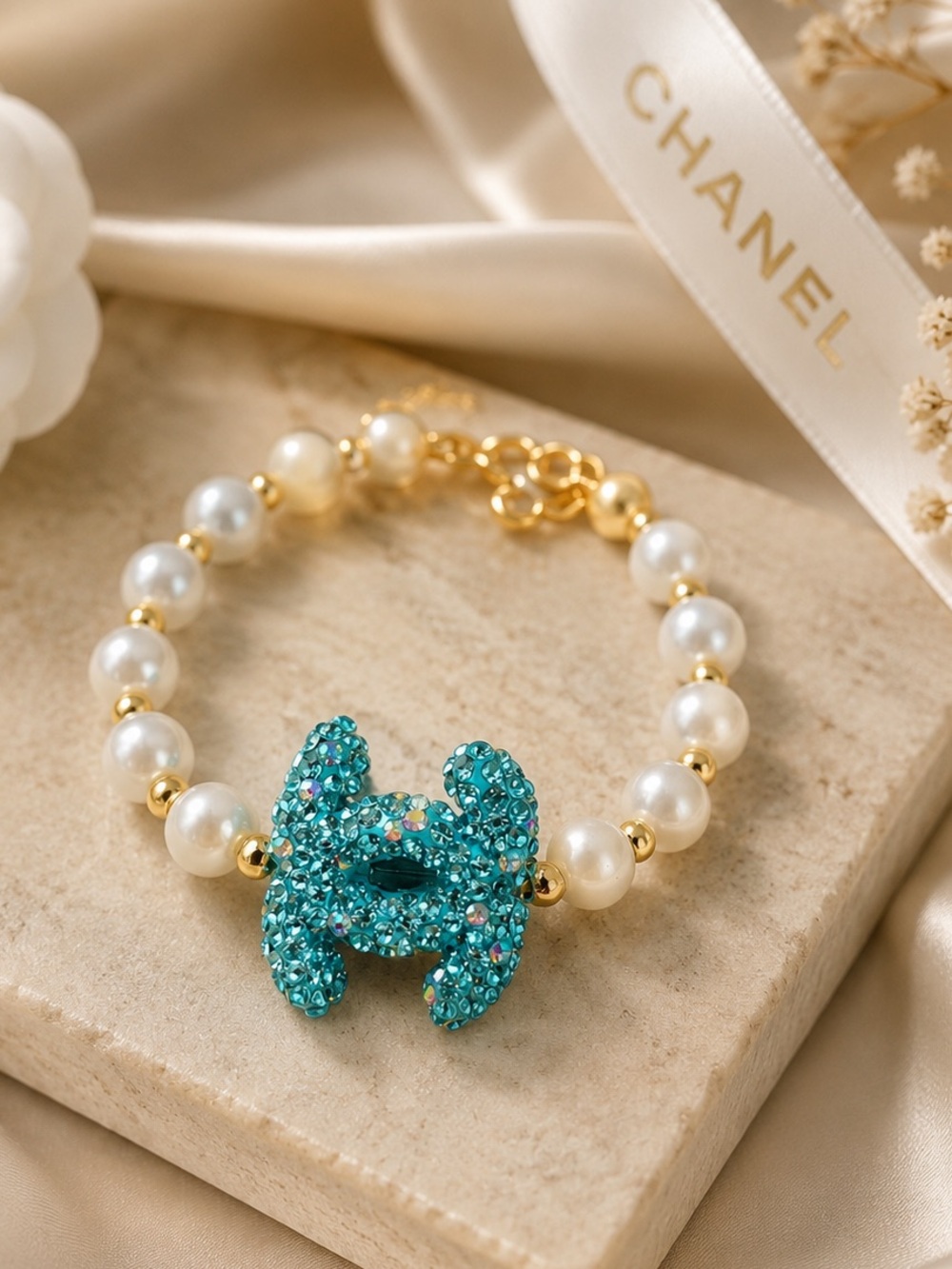 Blue Crystal CC Pearl Bracelet